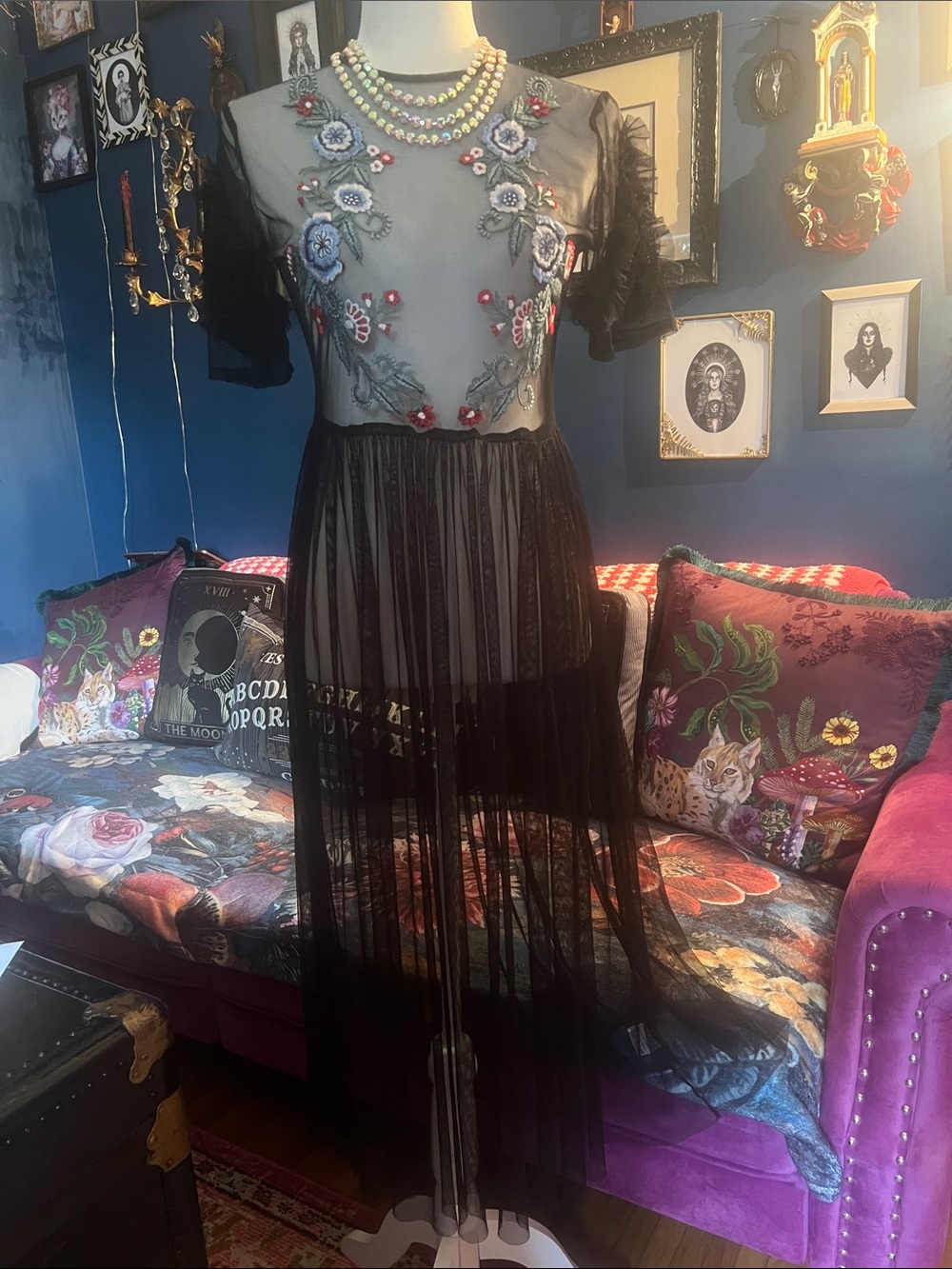 Black Sheer Maxi Dress with Floral Embroidery